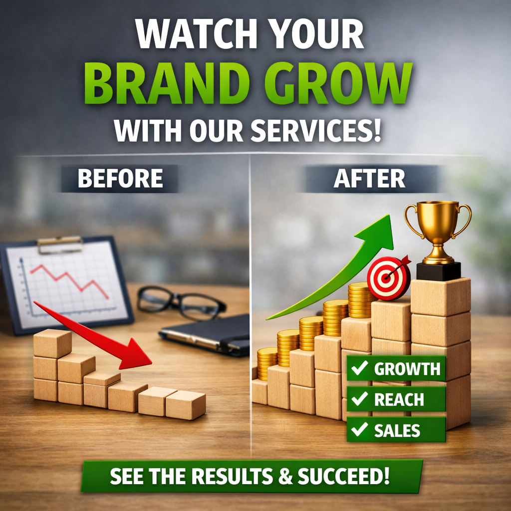 Before-and-after brand growth image showing increased sales, reach, and engagement with digital marketing services—featuring upward arrows, trophy, coins, and success checklist.