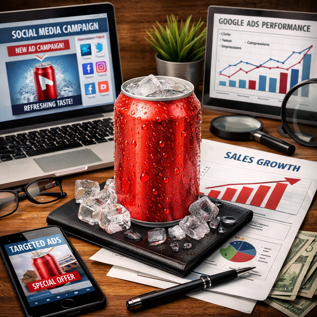Cold drink can with ice surrounded by digital marketing tools, sales charts, and social media dashboards showing increased engagement and revenue growth.