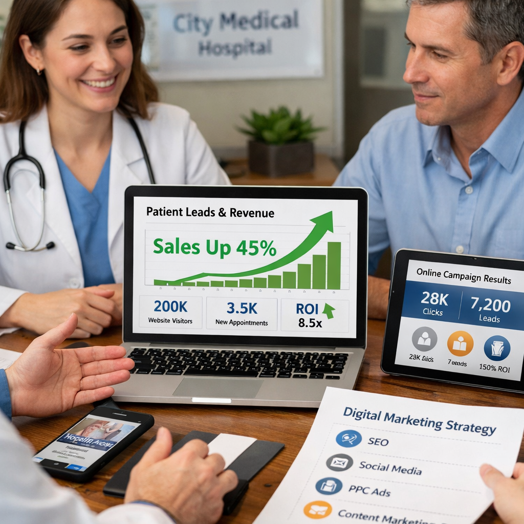 Hospital marketing team reviews SEO analytics, PPC ad performance, and patient lead growth to boost healthcare sales using digital marketing strategies and online campaign tools.