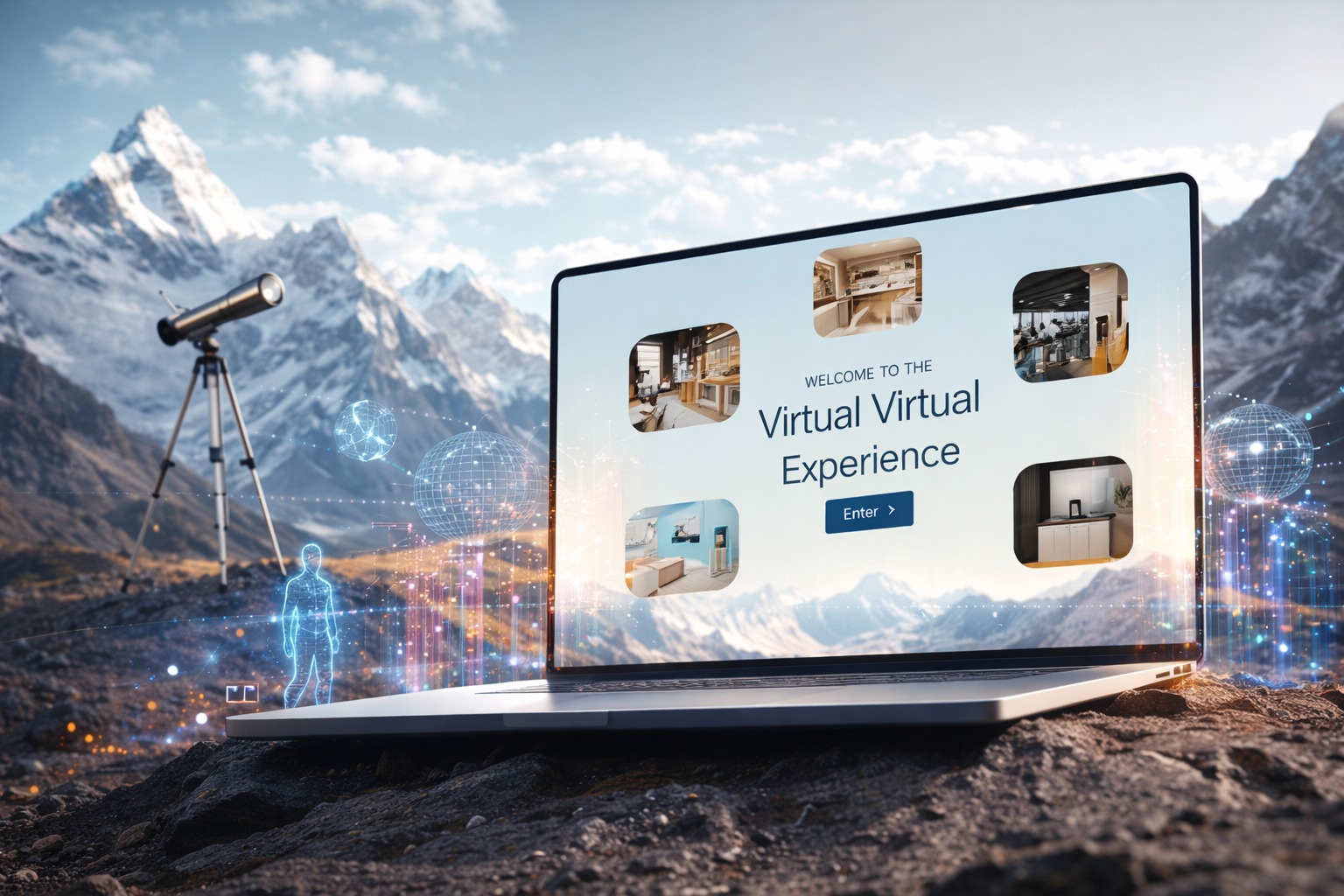 Modern laptop on rocky terrain displaying a virtual experience interface, symbolizing digital innovation, technology integration, and immersive web design services.