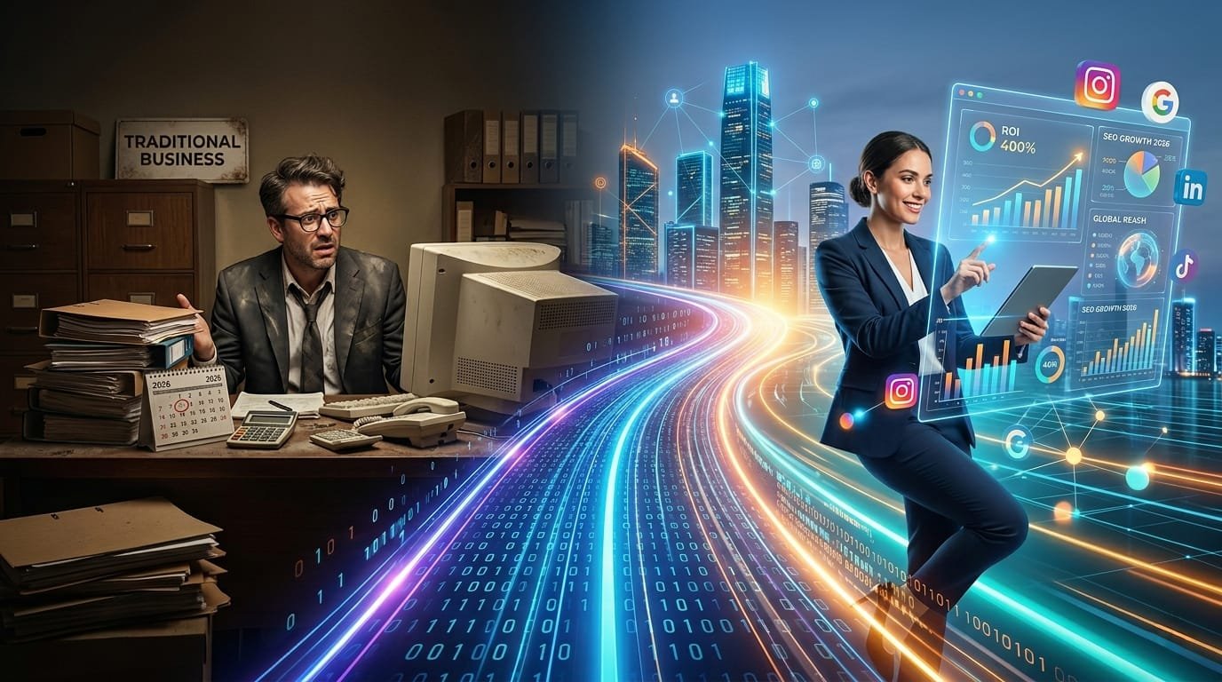 A photo split-screen illustrating business digital transformation. A confused traditional business man at a desk with a vintage computer and files, beside a professional woman on a data highway analyzing growth analytics and social media icons.
