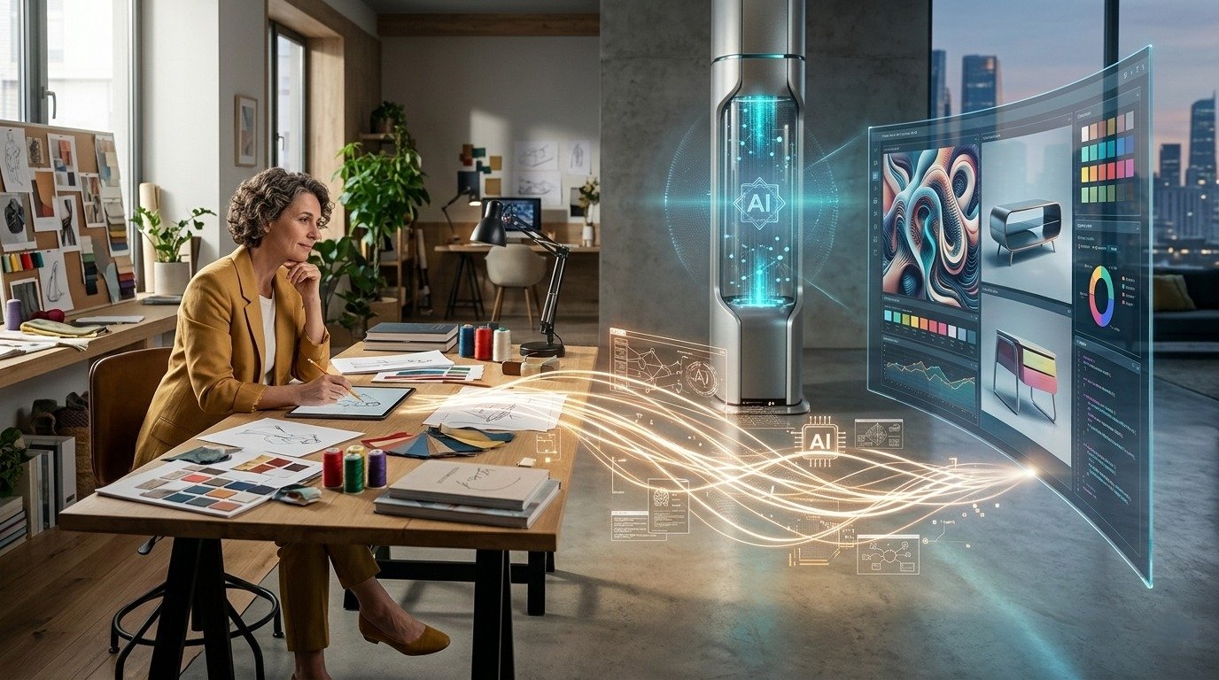 A designer in a workspace sketching, with illuminated data streams connecting her tablet to a futuristic AI column projecting a holographic screen with art and furniture designs