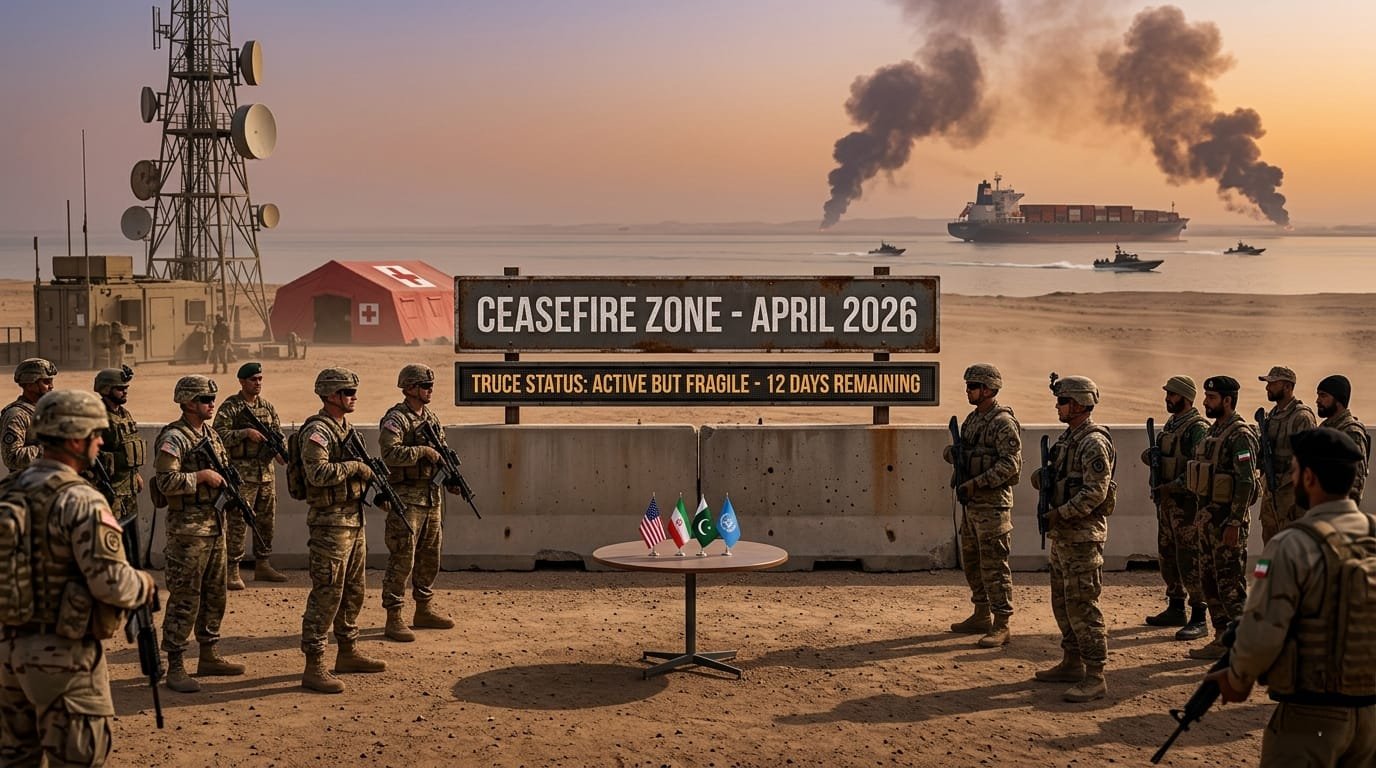 A tense April 2026 military checkpoint with opposing forces facing each other across a concrete barrier that displays a sign, reading: "Ceasefire Zone - April 2026," set in a dusty desert landscape at dusk.