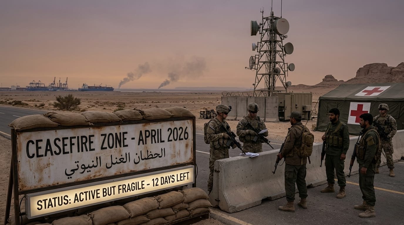 A tense April 2026 military checkpoint with opposing forces facing each other across a concrete barrier that displays a sign, reading: "Ceasefire Zone - April 2026," set in a dusty desert landscape at dusk.