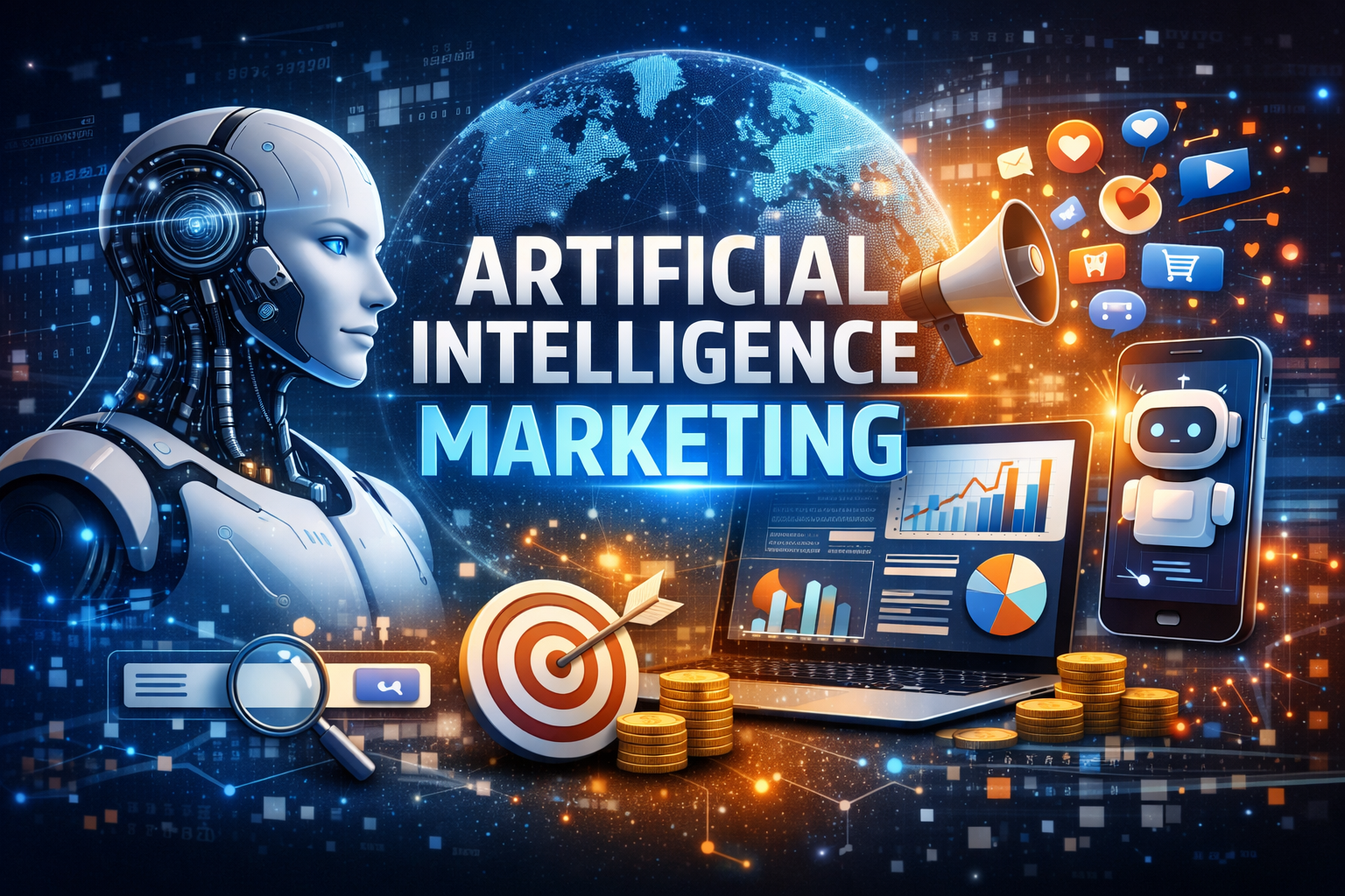 Futuristic AI marketing illustration showing robot, digital globe, laptop analytics, and chatbot icons representing artificial intelligence, data‑driven campaigns, and automation in digital marketing.