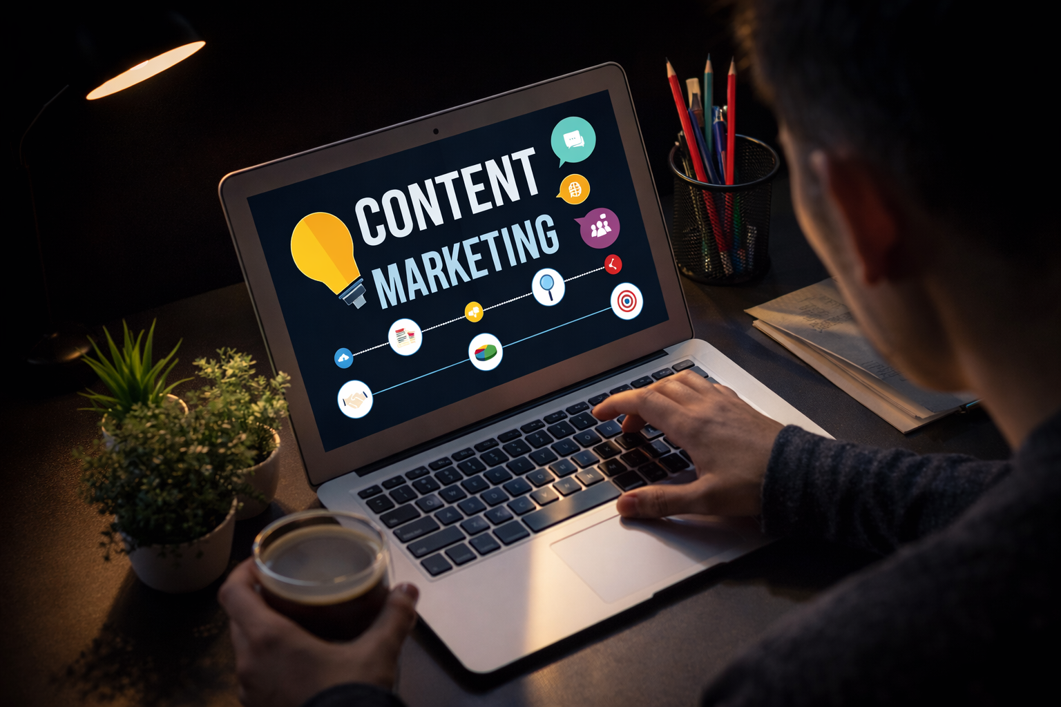 Person working on laptop displaying “Content Marketing” graphic, symbolizing digital marketing strategy, SEO content creation, and online branding services.