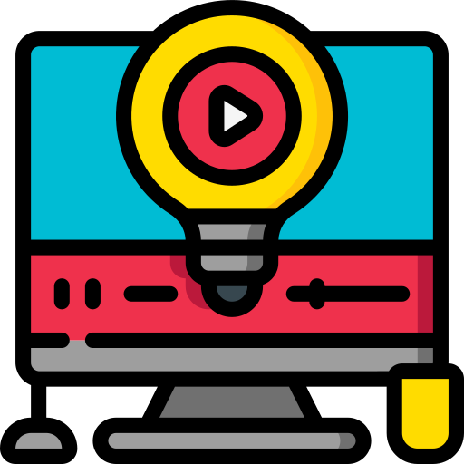 Square illustration of computer monitor with light bulb and play button, symbolizing online learning, video tutorials, creative ideas, and digital media marketing for audience engagement.