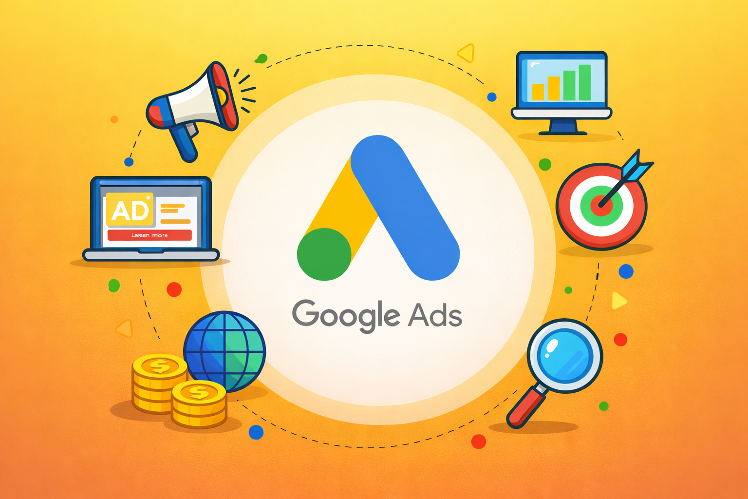 Square Google Ads illustration showing logo, megaphone, target, coins, and analytics icons, representing digital advertising, PPC campaigns, and SEO‑driven marketing strategies for business growth.