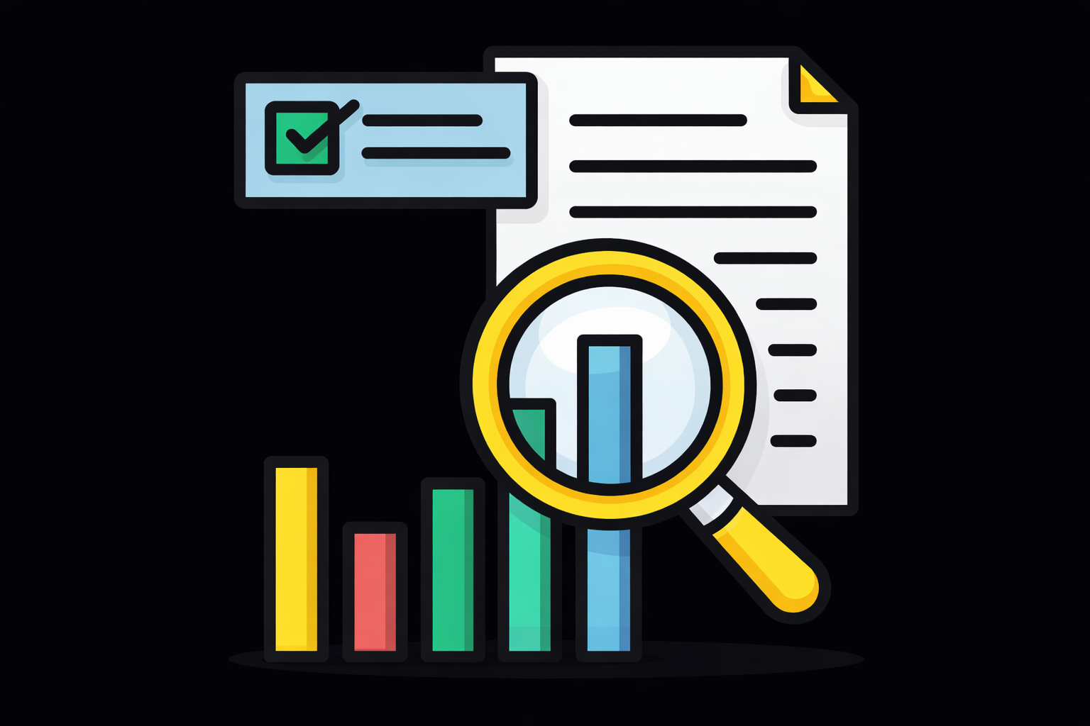Data analytics icon showing magnifying glass, bar chart, and document, symbolizing business insights, research, and digital marketing analysis services in Delhi NCR.