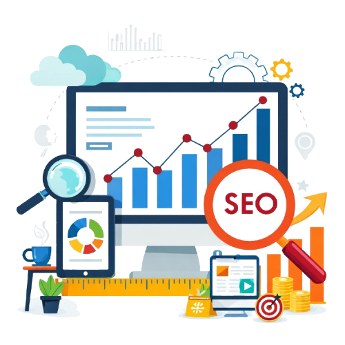 SEO Service Agency in Delhi. Illustration of two marketers analyzing Google Ads data on a smartphone screen, symbolizing PPC advertising, campaign optimization, and digital marketing growth for businesses in Delhi.