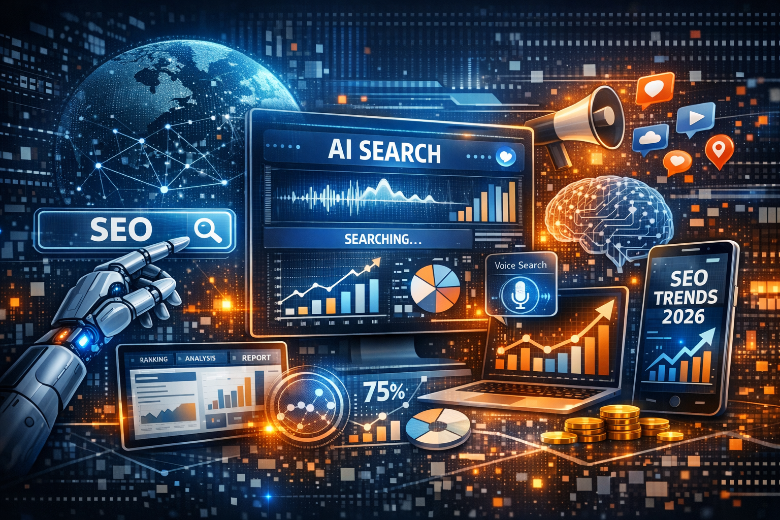 Futuristic SEO illustration showing AI search interface, robotic hand, analytics charts, and voice search icons representing advanced SEO trends and digital marketing strategies.
