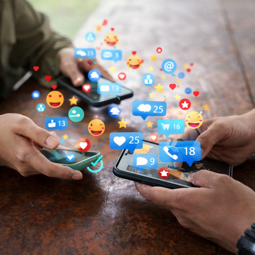 Two people using smartphones with floating social media icons representing engagement, likes, comments, and shares—symbolizing digital interaction and online brand visibility through social media optimization.