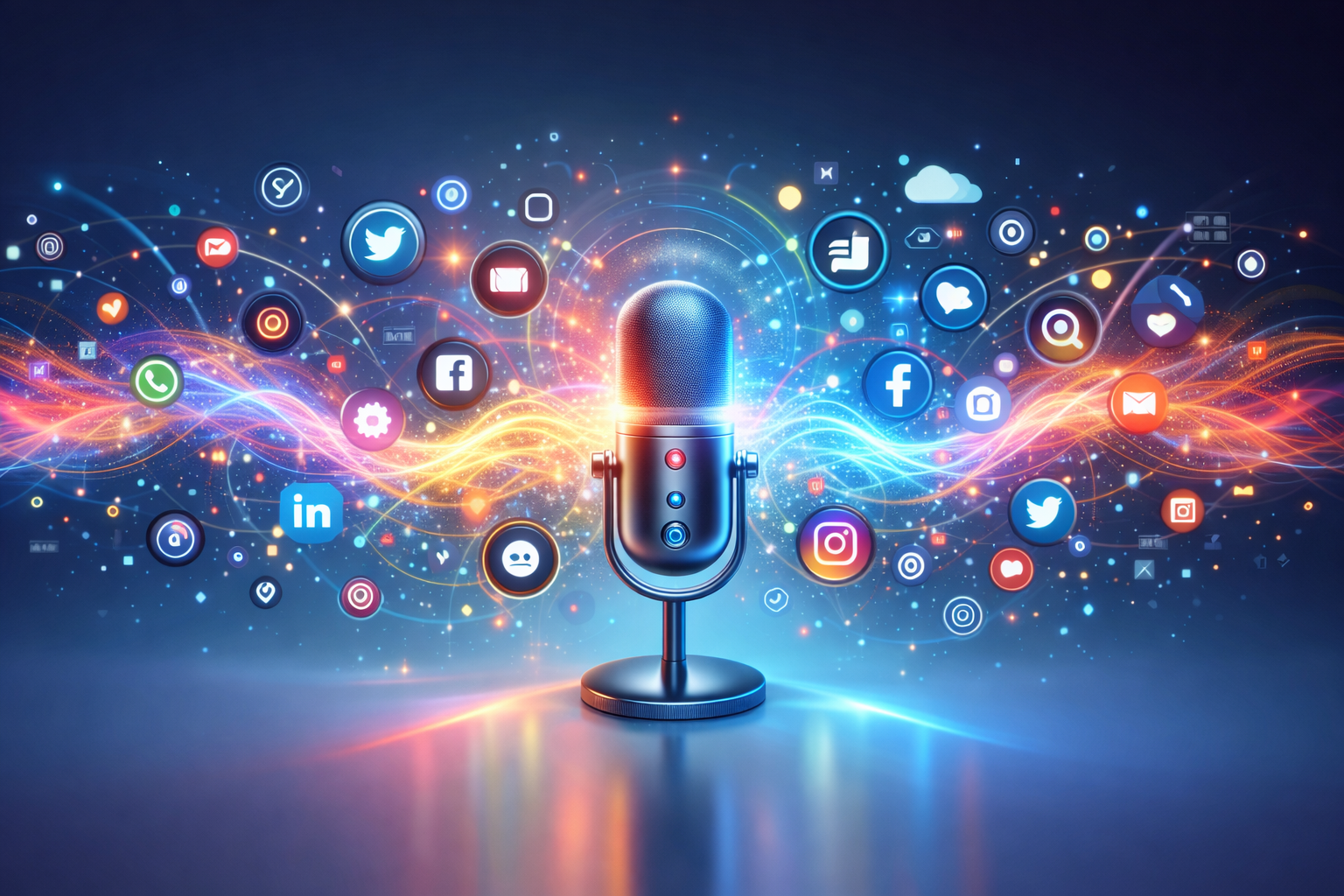 Metallic microphone surrounded by colorful social media icons and digital light waves, symbolizing modern podcasting, broadcasting, and online communication in Delhi’s digital marketing landscape.