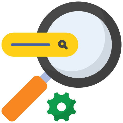 Square illustration of magnifying glass with search bar and gear icon, symbolizing SEO optimization, keyword research, and digital marketing strategies for improved online visibility.