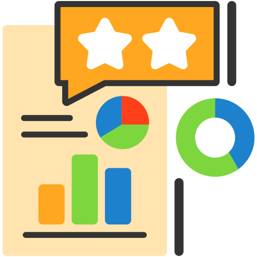 Stylized business report illustration with bar chart, pie chart, donut chart, and rating stars, symbolizing analytics, performance metrics, and SEO‑driven digital marketing insights.