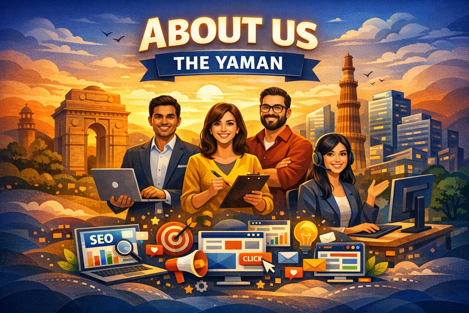 Illustration of THE YAMAN team with Delhi landmarks, highlighting About Us page and digital marketing expertise including SEO, PPC, social media, and web design.