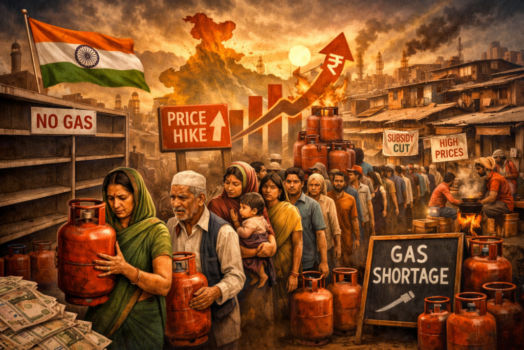 Illustration showing India’s gas cylinder shortage with long queues, “NO GAS” and “PRICE HIKE” signs, inflation arrows, and worried citizens waiting amid smoky urban backdrop.