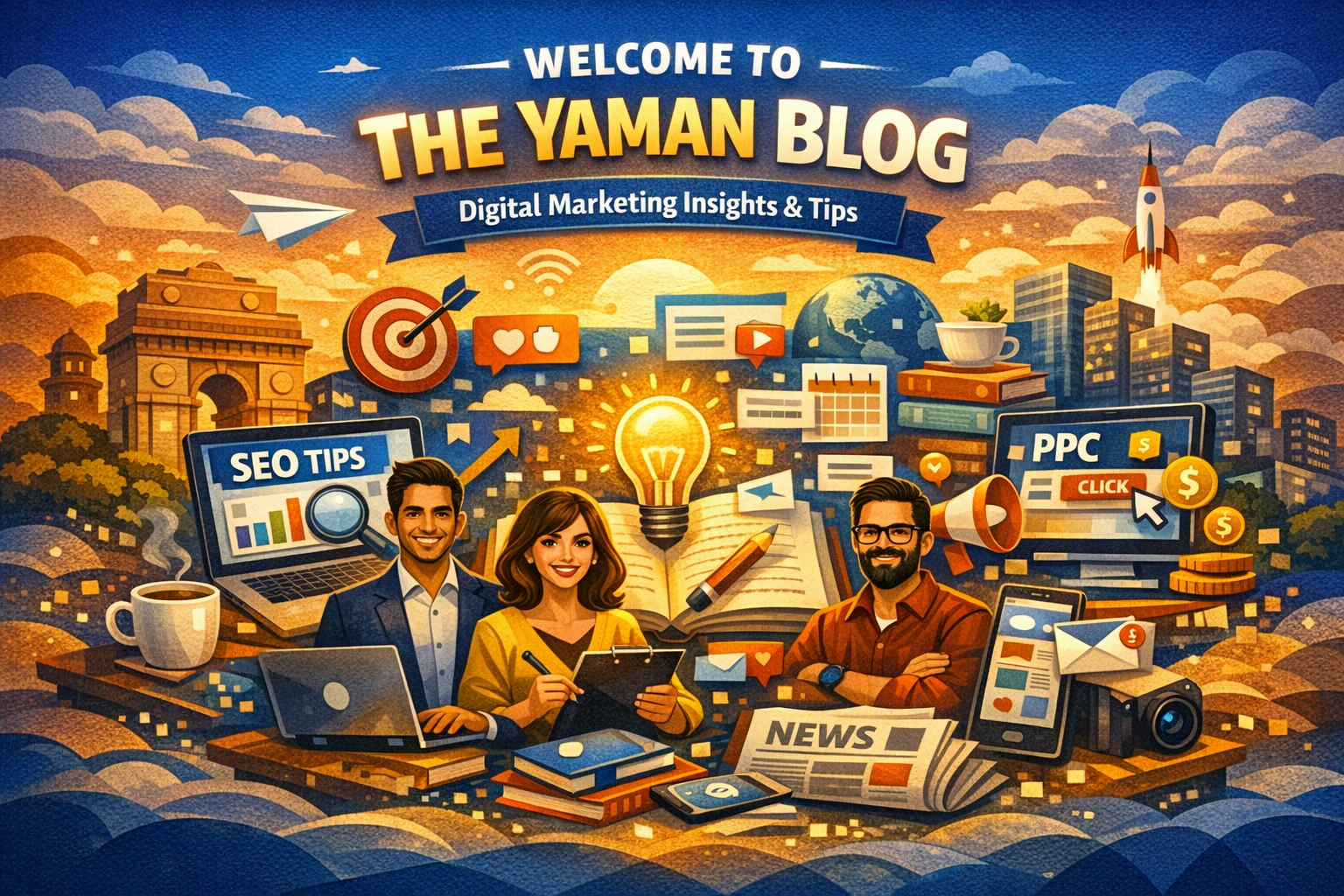 Illustration of THE YAMAN Blog showcasing SEO, PPC, social media, content marketing, and digital insights with creative icons, notebook, laptop, and Delhi-inspired design.
