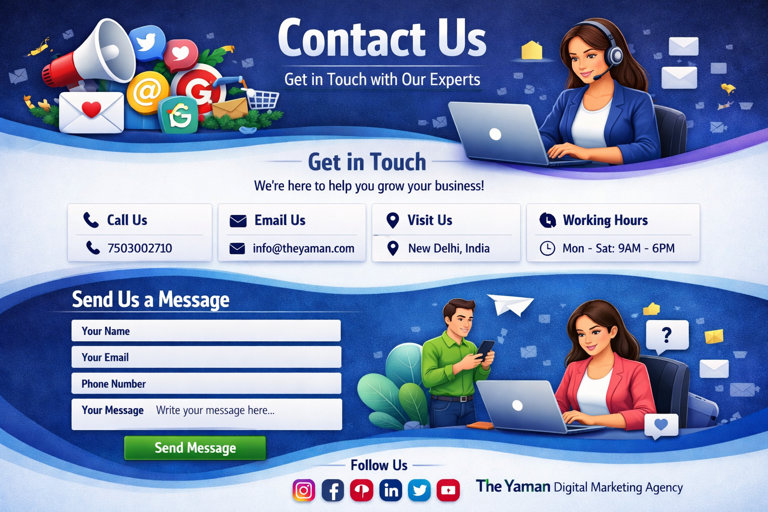 Contact THE YAMAN Digital Marketing Agency in New Delhi for SEO, PPC, web design and digital marketing services. Call 7503002710 or email info@theyaman.com.