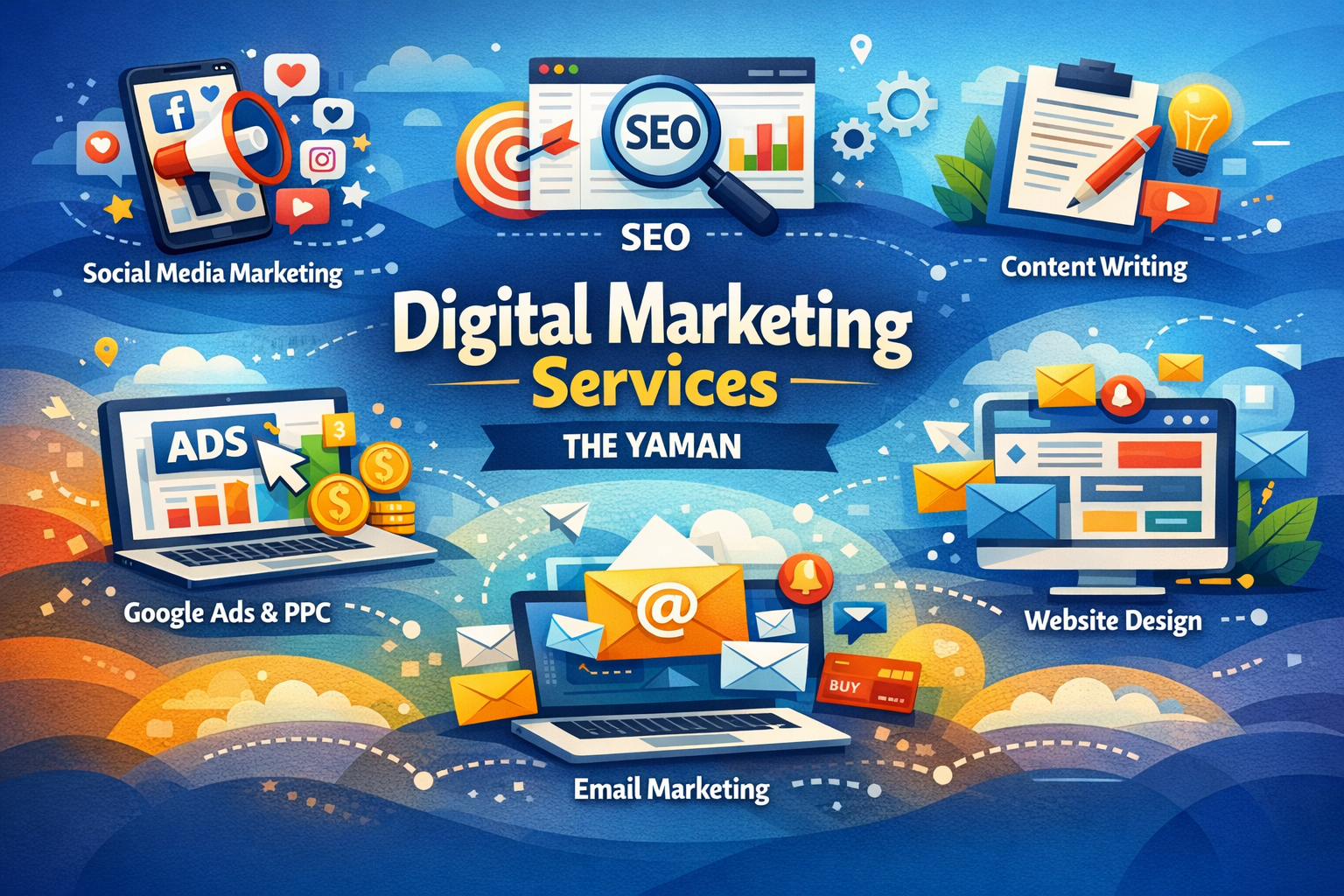 Infographic showing THE YAMAN’s digital marketing services including SEO, social media marketing, content writing, Google Ads, PPC, email marketing, website design, and ecommerce development.