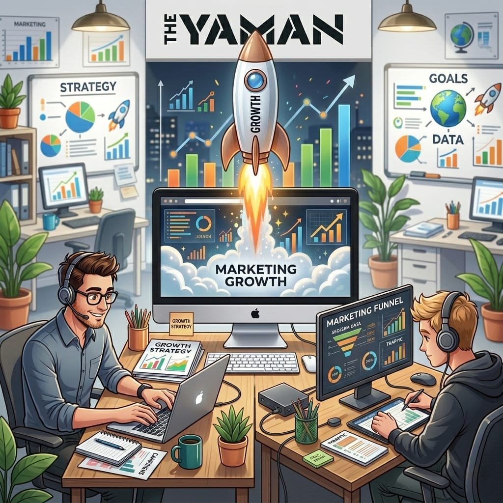 The Yaman" marketing agency team analyzing growth strategies, data charts, and SEO funnels on computers in a modern office with a launching growth rocket.
