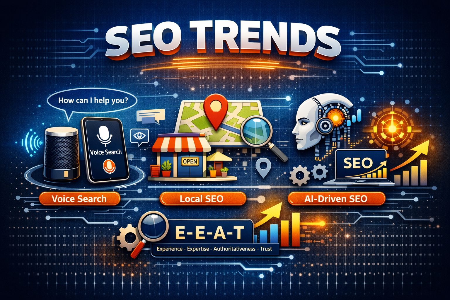Digital illustration showing Voice Search, Local SEO, AI‑Driven SEO, and E‑E‑A‑T concepts under the title “SEO Trends,” representing modern search marketing strategies.