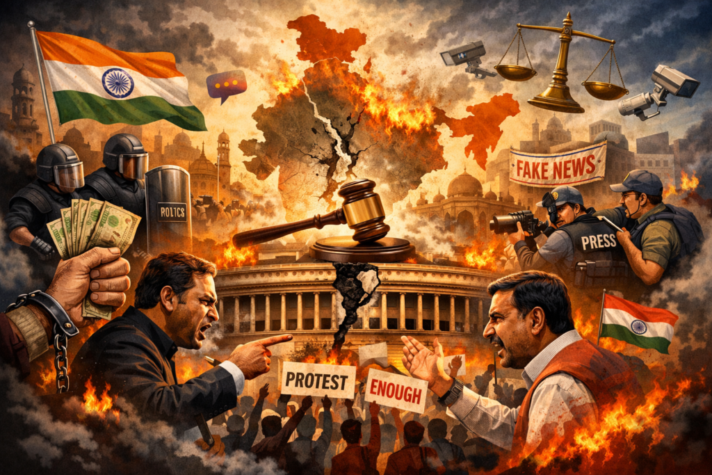 Illustration showing India’s political crisis with cracked Parliament, protestors, corruption, media suppression, and national tension under dark clouds symbolizing instability and democratic challenges