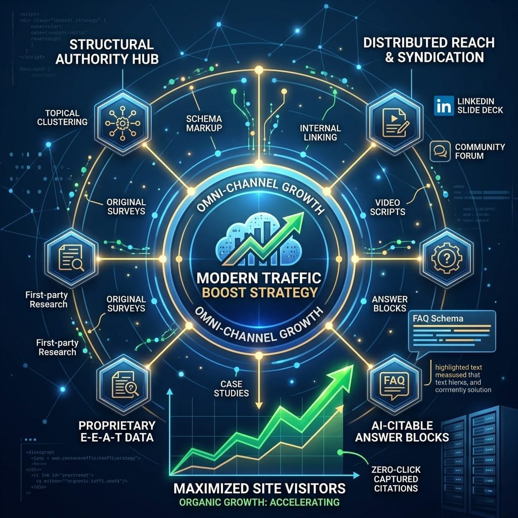 A square infographic matrix outlining a complete modern strategy to boost website traffic, integrating structural authority, proprietary data, AI answer blocks, and distributed omni-channel growth levers.