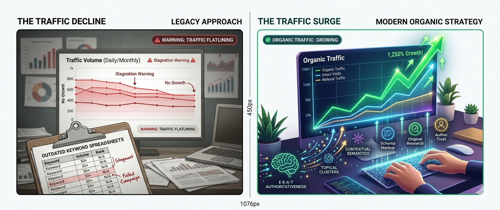 A split-screen infographic comparing an outdated legacy keyword strategy with flatlining traffic versus a modern search optimization strategy showing growing organic traffic.