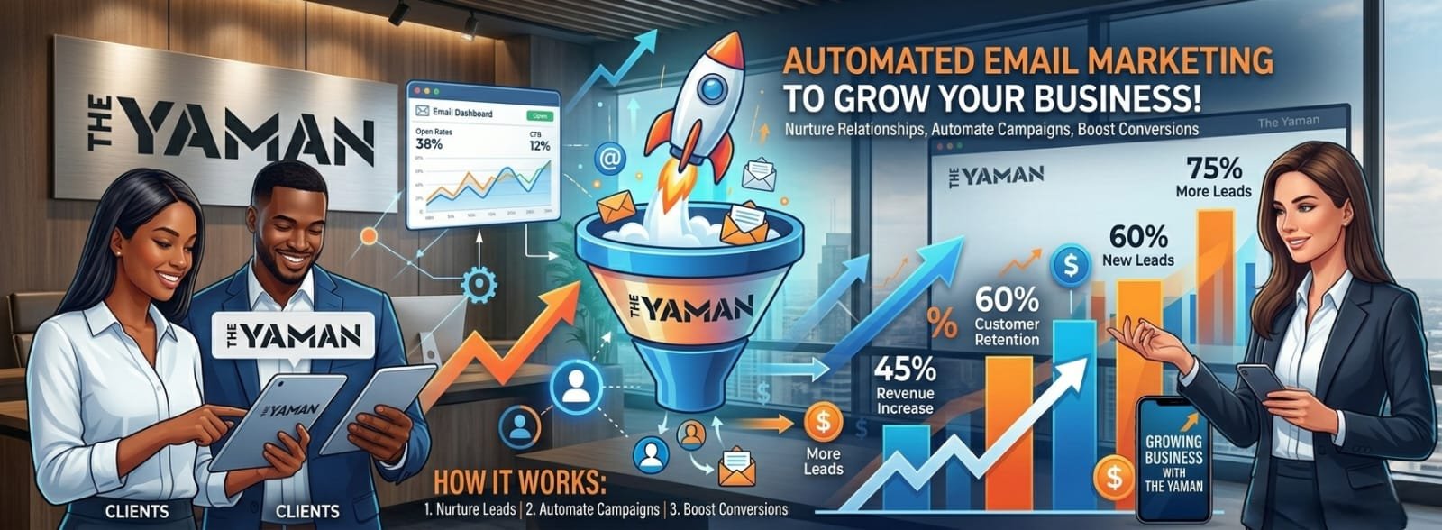 Automated email marketing infographic by THE YAMAN agency showing how lead nurturing, sales funnels, rocket growth, and data analytics dashboards help businesses scale revenue and retention.