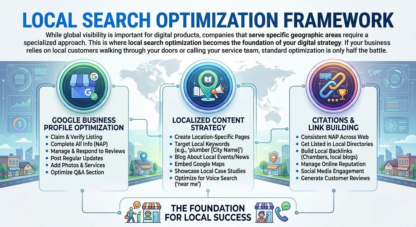 Local Search Optimization Framework diagram breaking down Google Business Profile setup, localized content strategy, and citations for local SEO services.