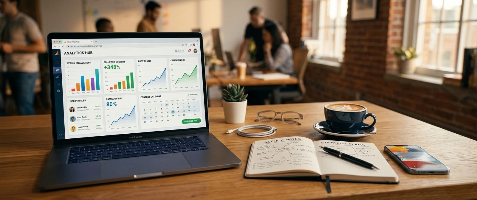 SMM for Business Growth: A professional creative agency workspace tabletop featuring a modern laptop displaying an advanced social media scheduling analytics dashboard with climbing charts, alongside an open notebook, an espresso cup, and a smartphone under warm cinematic lighting.