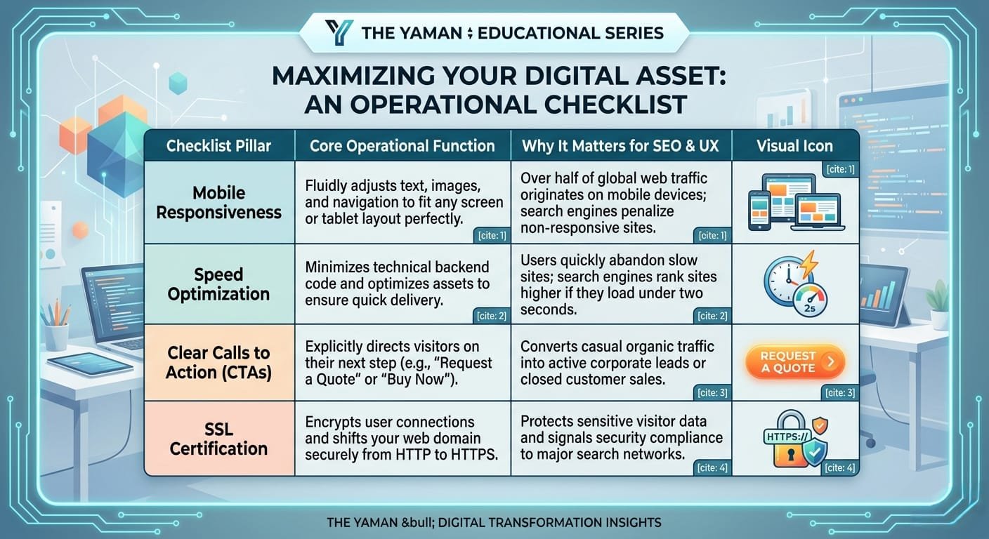 THE YAMAN educational infographic table outlining a four-part operational checklist for maximizing a business website asset, featuring mobile responsiveness, speed optimization, clear CTAs, and SSL certification.