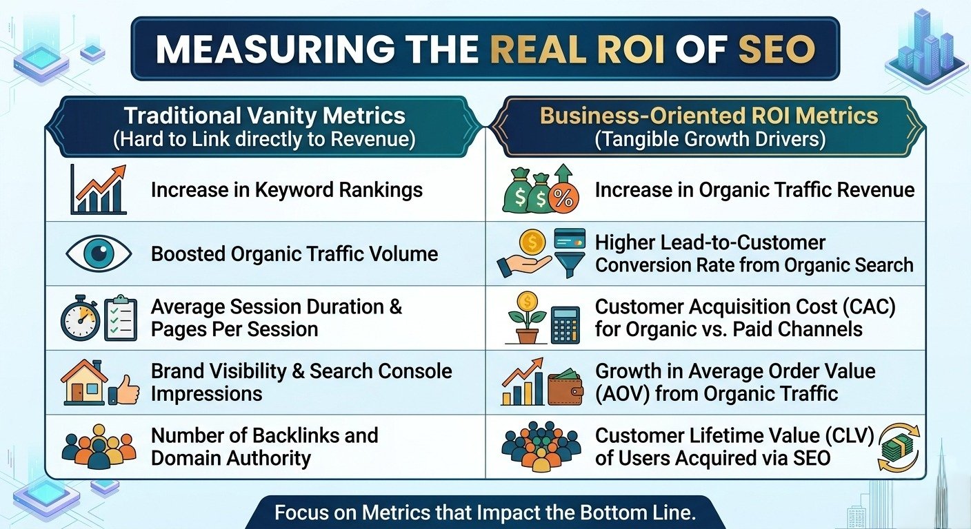 Measuring the Real ROI of SEO comparison chart showing Traditional Vanity Metrics versus Business Oriented ROI Metrics.