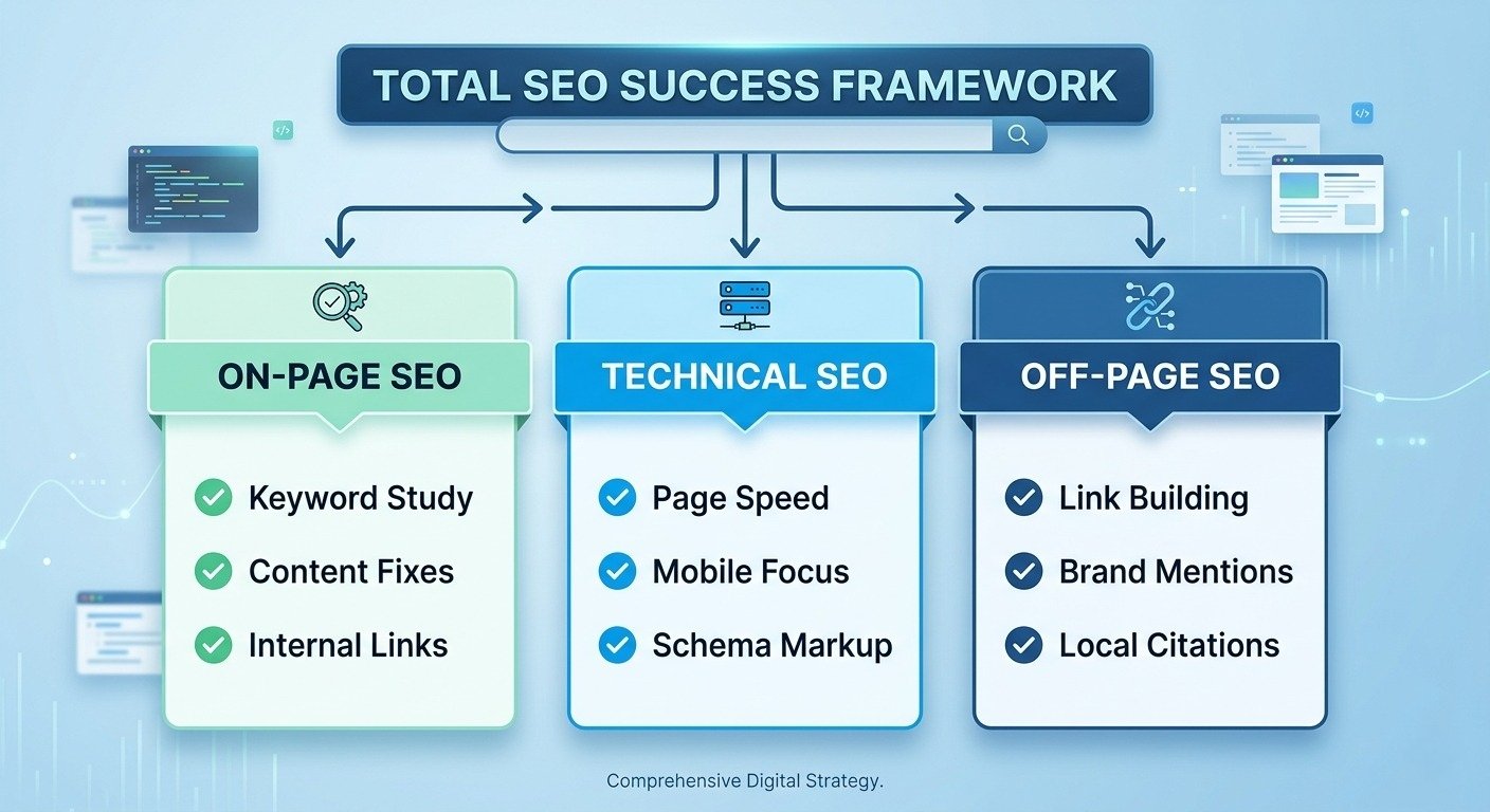 Total SEO Success Framework chart mapping On-Page SEO, Technical SEO, and Off-Page SEO core pillars for professional SEO services.
