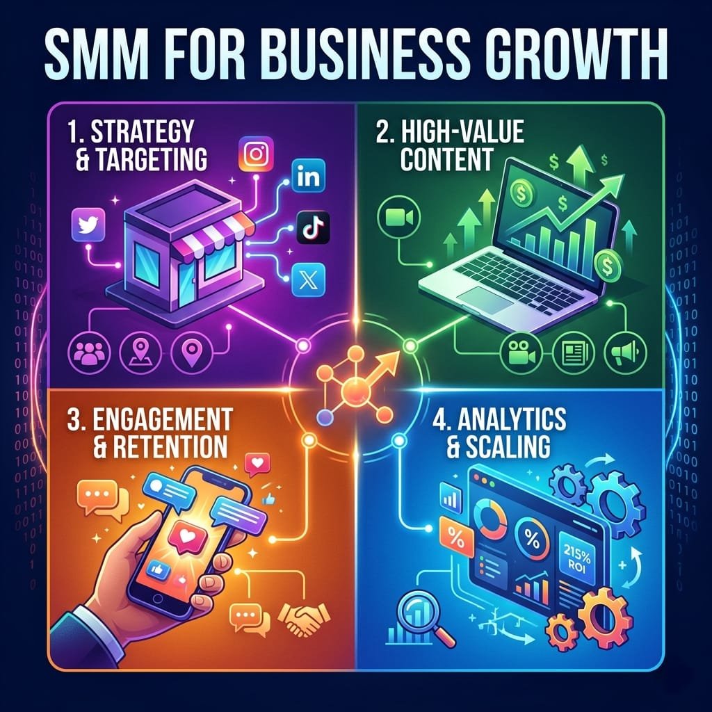 A colorful, square 4-quadrant digital marketing infographic detailing the four key strategic pillars of social media marketing for business growth.