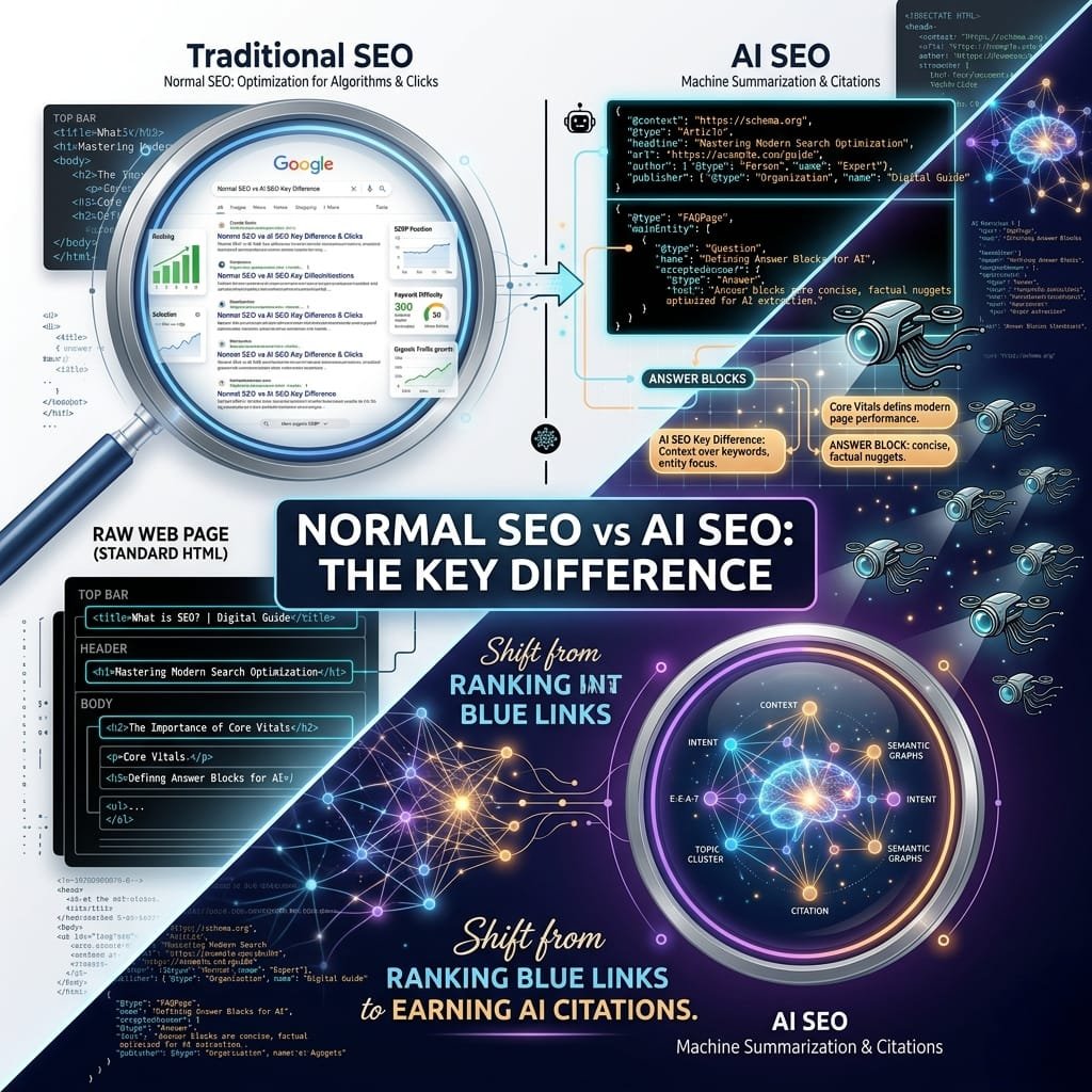 A square infographic summarizing the Normal SEO vs AI SEO key difference, merging SERP ranking visualization with neural networks, semantic graphs, and JSON-LD data code.