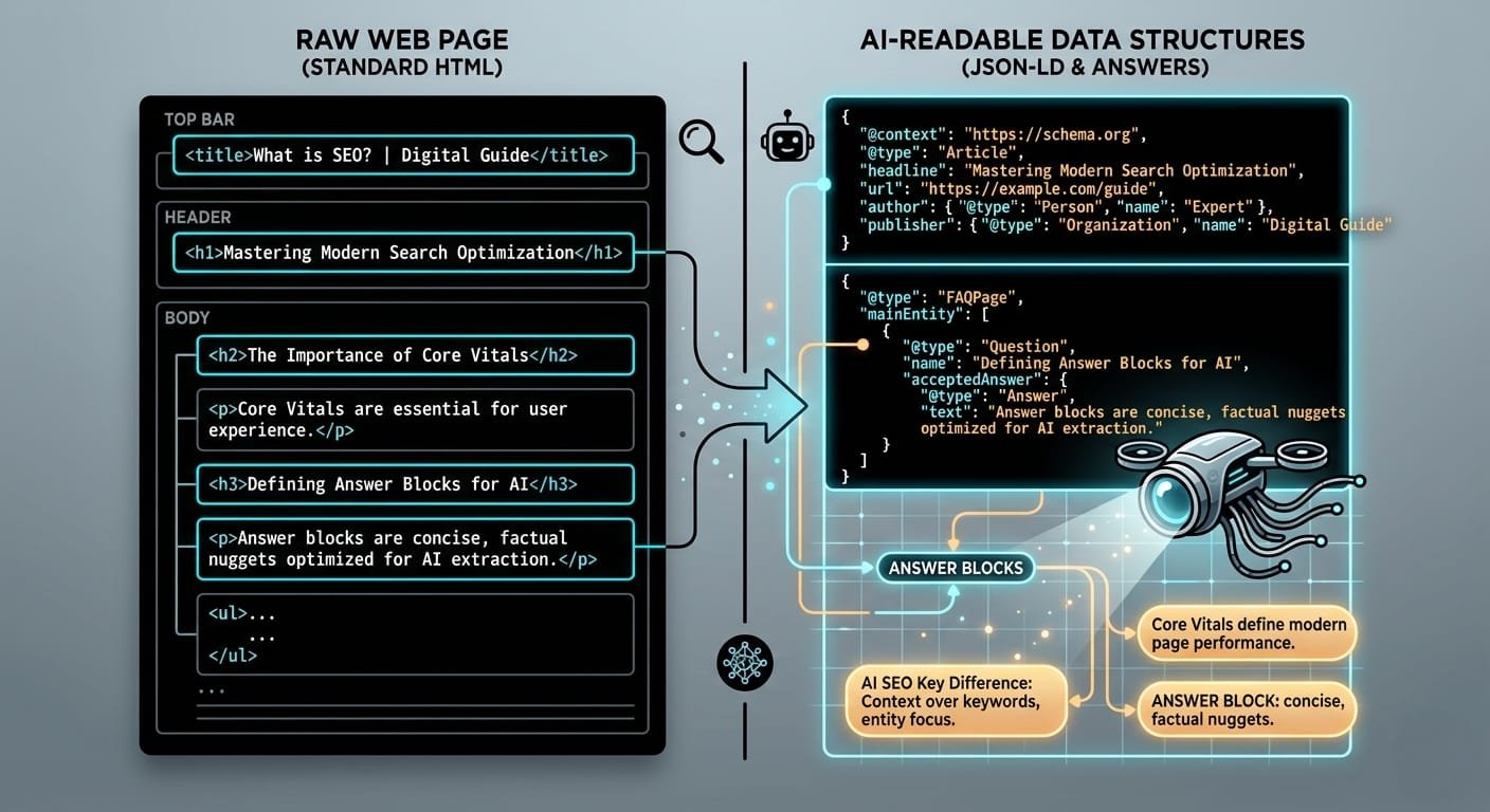 Technical diagram showing the key difference between normal SEO HTML tags and AI SEO JSON-LD schema parsing with an automated data crawler extracting answer blocks.