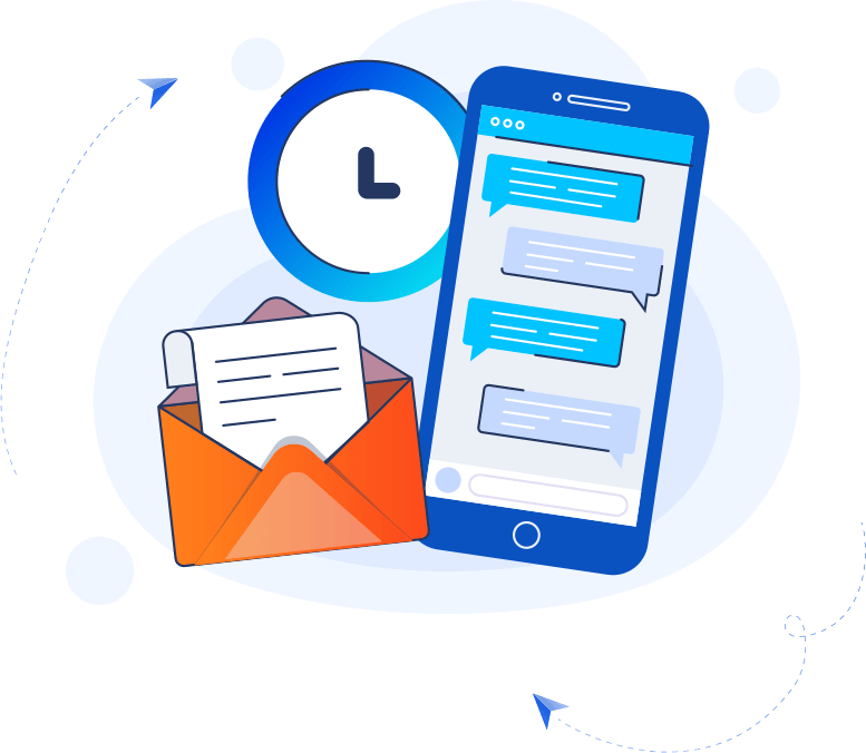 Vector illustration of a smartphone displaying text chat bubbles next to an open email envelope and a clock icon, representing fast customer service.