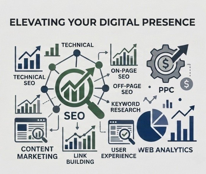THE YAMAN agency blog banner displaying an educational SEO marketing graphic with technical, on-page, and off-page optimization pillars.