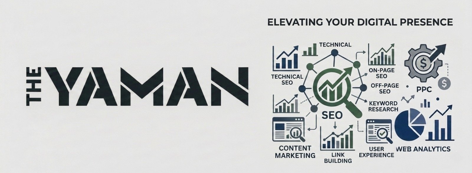 THE YAMAN agency blog banner displaying an educational SEO marketing graphic with technical, on-page, and off-page optimization pillars.
