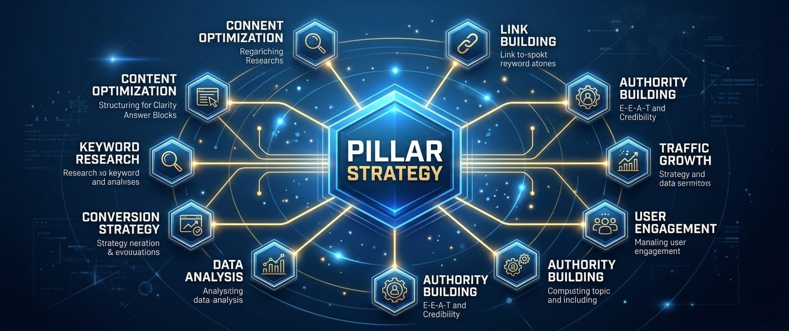 A geometric SEO infographic illustrating a hub-and-spoke topical authority model, featuring a large central 'Pillar Strategy' core node connected to orbiting sub-topic nodes.
