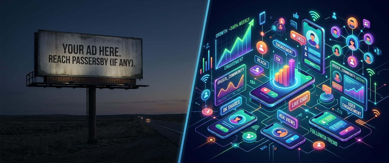 SMM for Business Growth: A split-screen digital illustration contrasting a lonely, dark traditional highway billboard on the left with a vibrant, glowing 3D smartphone matrix on the right showing upward-trending social media engagement metrics and growth charts.