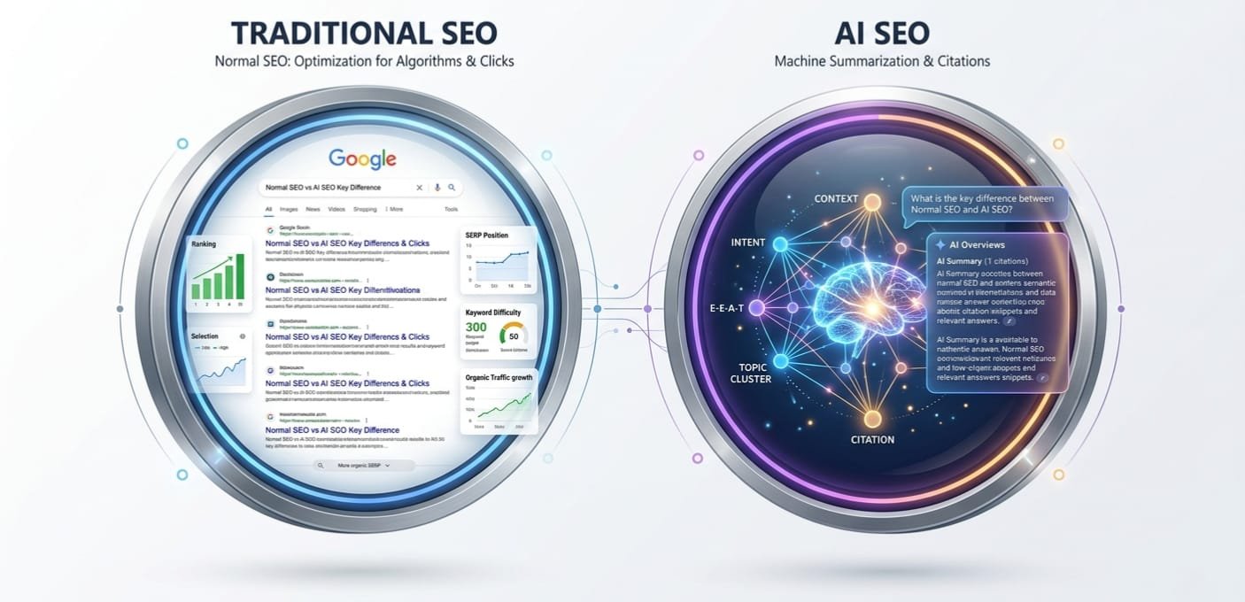 Infographic comparing normal SEO vs AI SEO key difference showing traditional search engine rankings on one side and a neural network data node on the other.