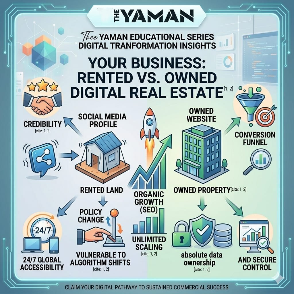 THE YAMAN educational infographic comparing "rented" social media profiles vs. "owned" business websites as digital real estate, illustrating algorithm vulnerability and absolute data ownership benefits.
